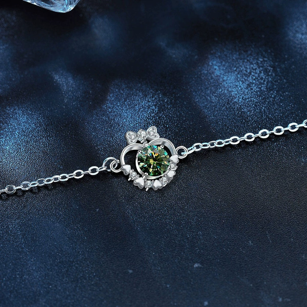 Heart Bowknot Green Moissanite Adjustable Bracelet with CZ in Gold-Plated S925 Sterling Silver product detail view showing the moissanite setting, chain, and polished finish