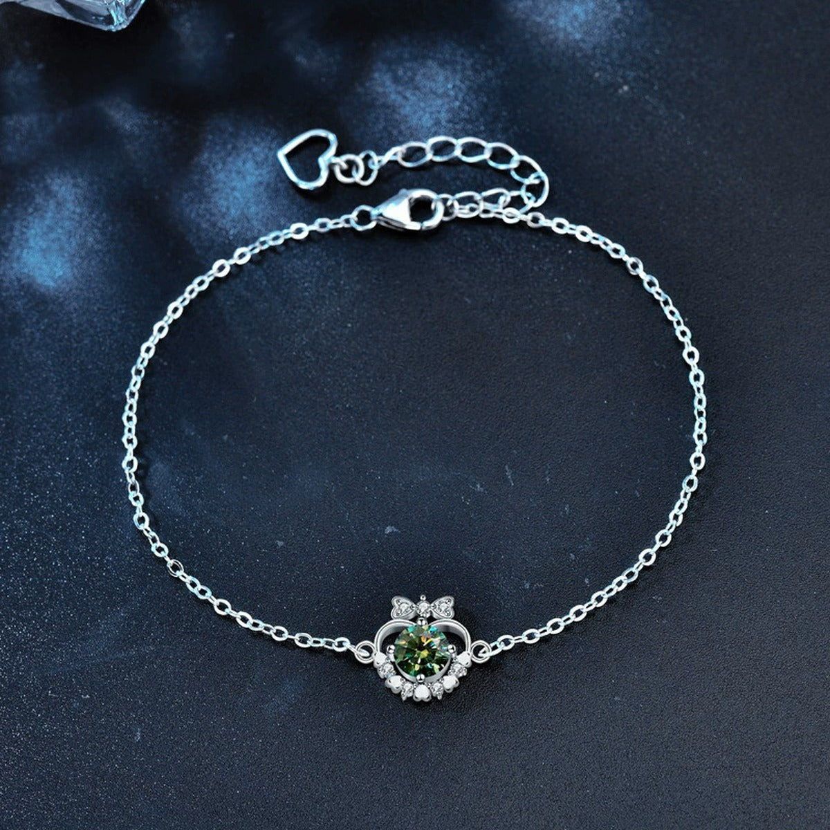 Heart Bowknot Green Moissanite Adjustable Bracelet with CZ in Gold-Plated S925 Sterling Silver product detail view showing the moissanite setting, chain, and polished finish