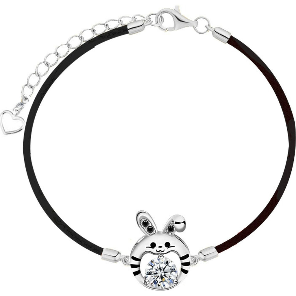 Rabbit Round Moissanite Couples Cord Bracelets with CZ in White Gold-Plated S925 sterling silver white background product photo showing bracelet shape and moissanite setting