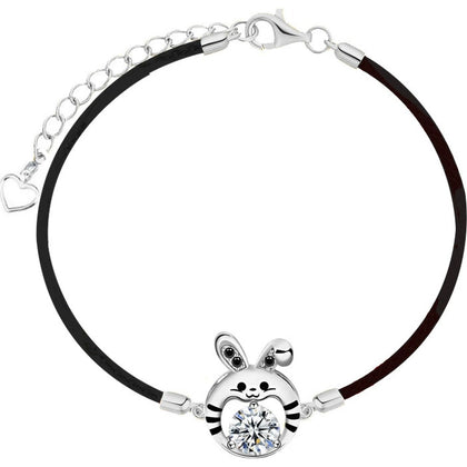 Rabbit Round Moissanite Couples Cord Bracelets with CZ in White Gold-Plated S925 sterling silver white background product photo showing bracelet shape and moissanite setting
