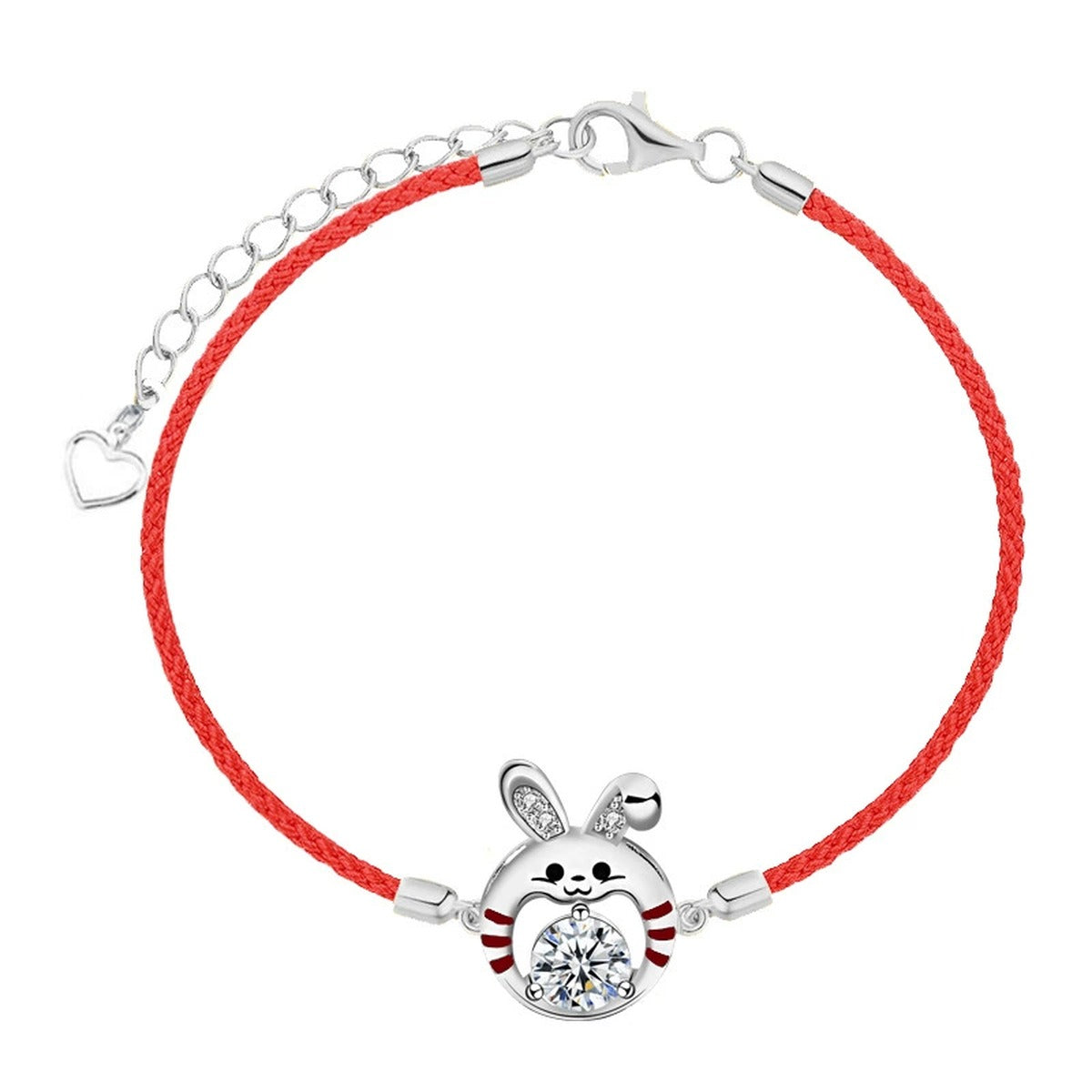 Rabbit Round Moissanite Couples Cord Bracelets with CZ in White Gold-Plated S925 sterling silver styled product scene showing stone sparkle and chain detail