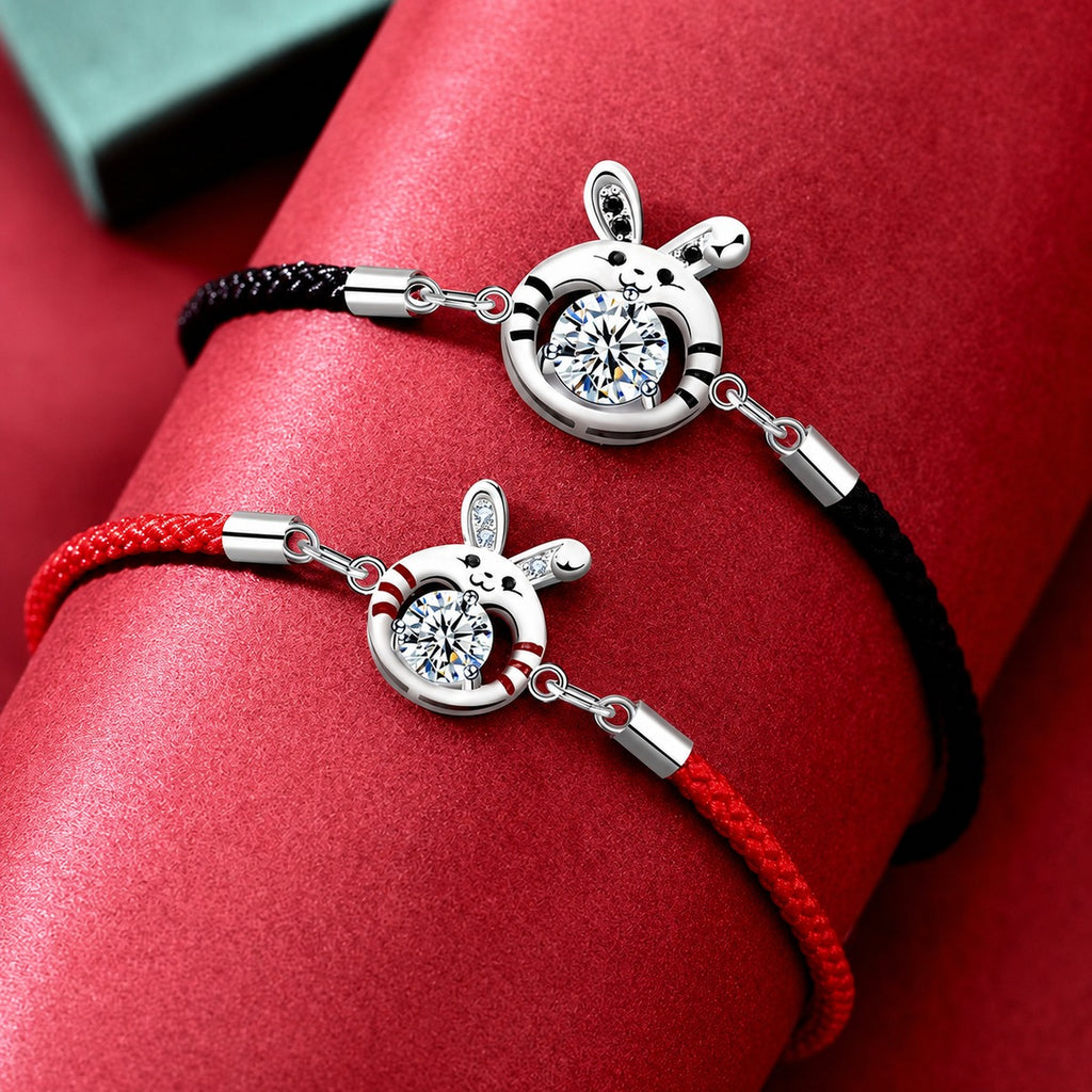 Rabbit Round Moissanite Couples Cord Bracelets with CZ in White Gold-Plated S925 sterling silver close-up bracelet detail view showing clasp and motif