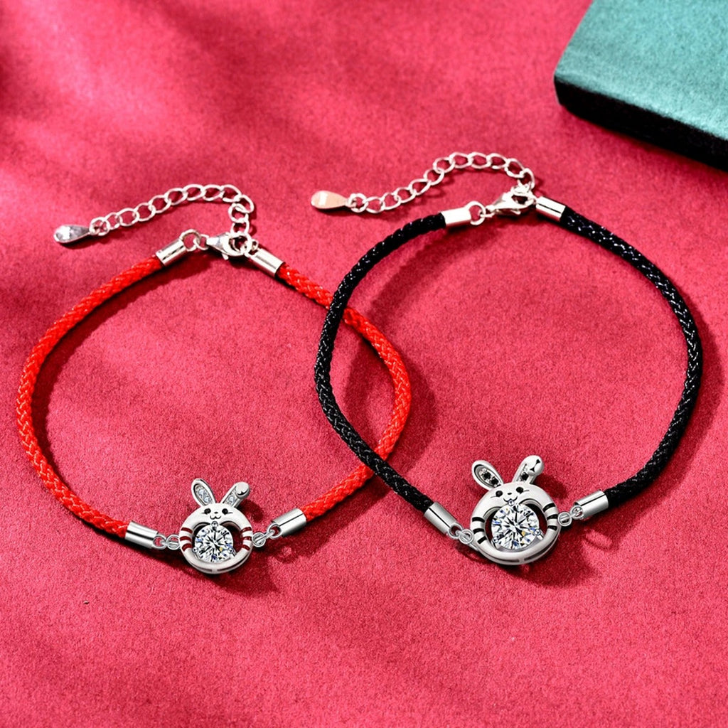 Rabbit Round Moissanite Couples Cord Bracelets with CZ in White Gold-Plated S925 sterling silver angled product display showing bracelet silhouette