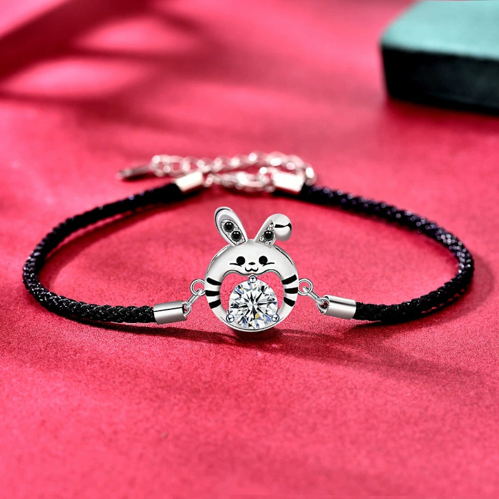 Rabbit Round Moissanite Couples Cord Bracelets with CZ in White Gold-Plated S925 sterling silver additional product photo showing finish and setting