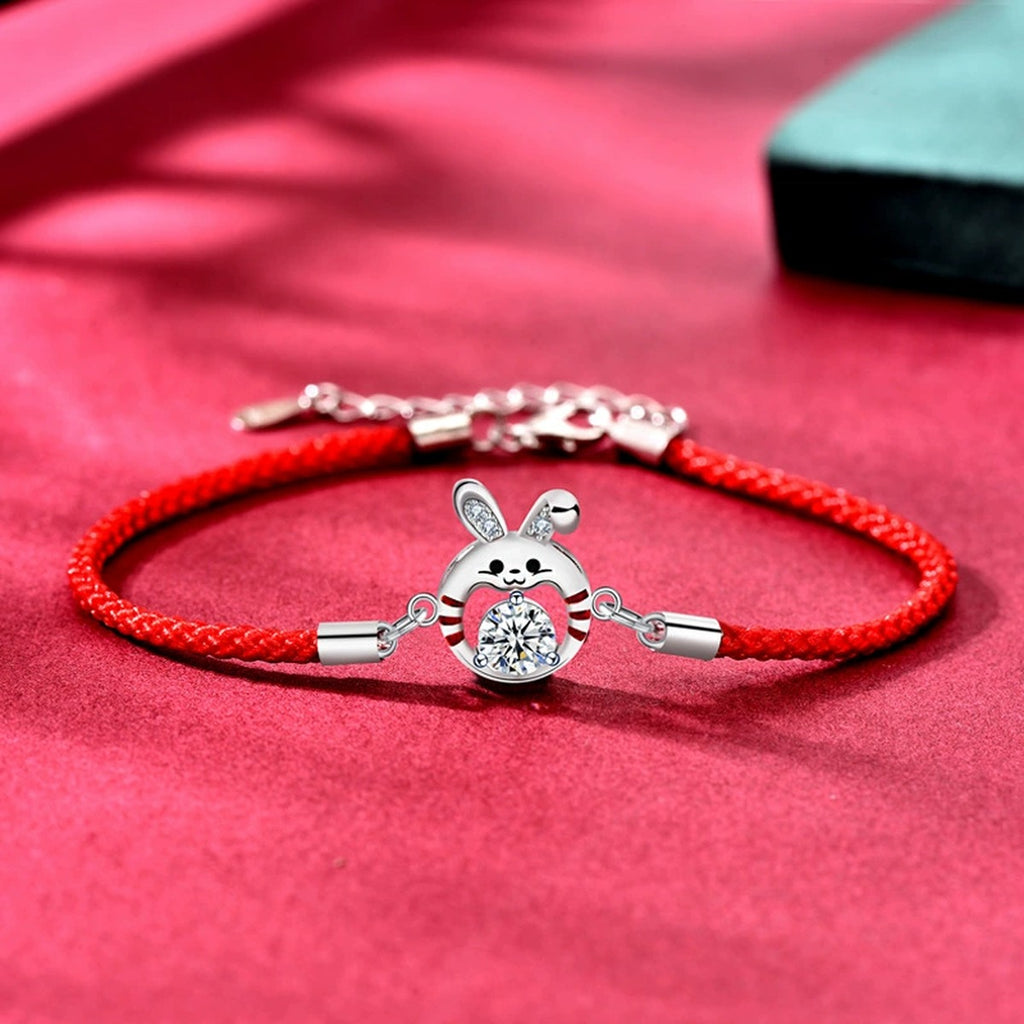 Rabbit Round Moissanite Couples Cord Bracelets with CZ in White Gold-Plated S925 sterling silver additional product photo showing finish and setting