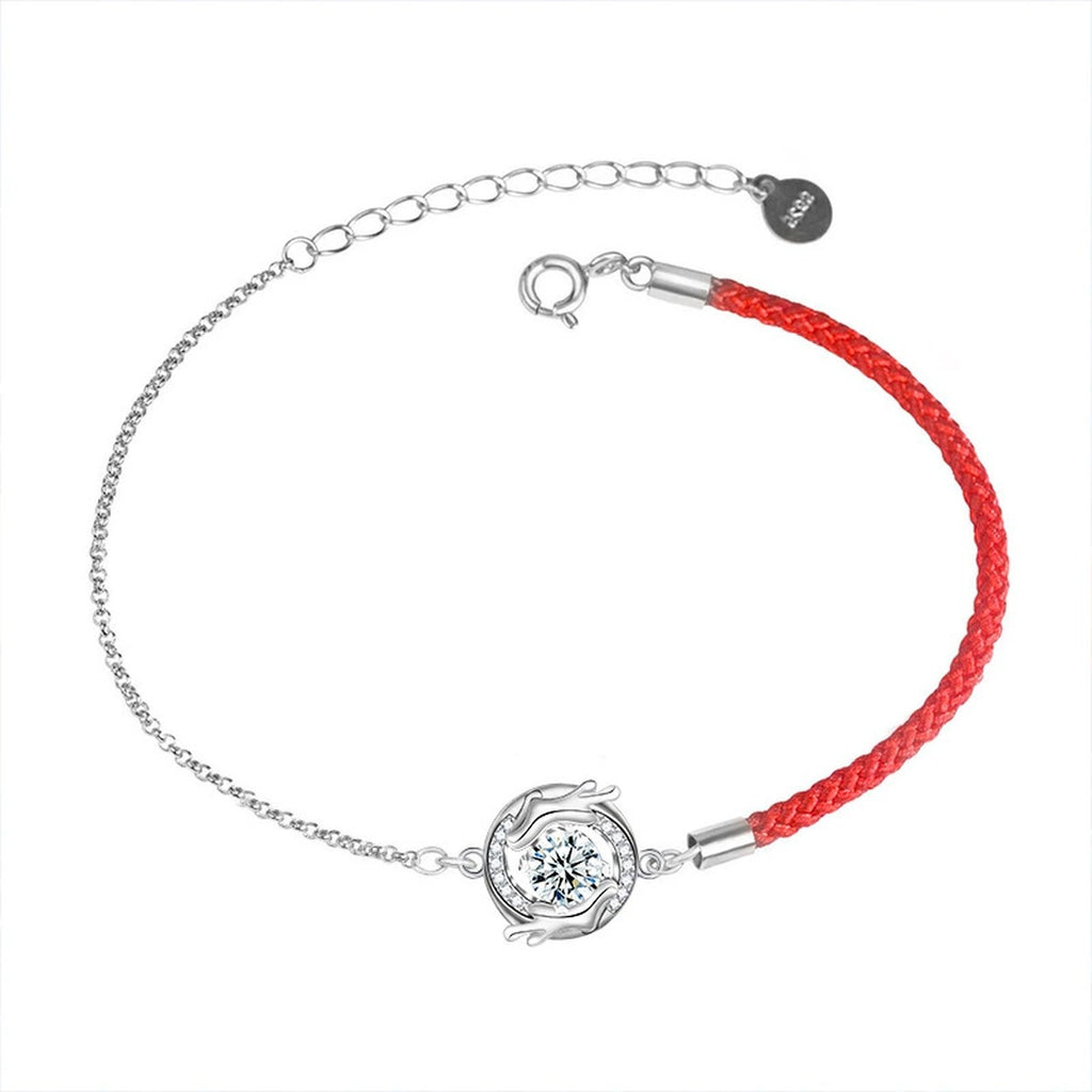 Dragon Round Moissanite Cord Bracelet with CZ in White Gold-Plated S925 sterling silver white background product photo showing bracelet shape and moissanite setting