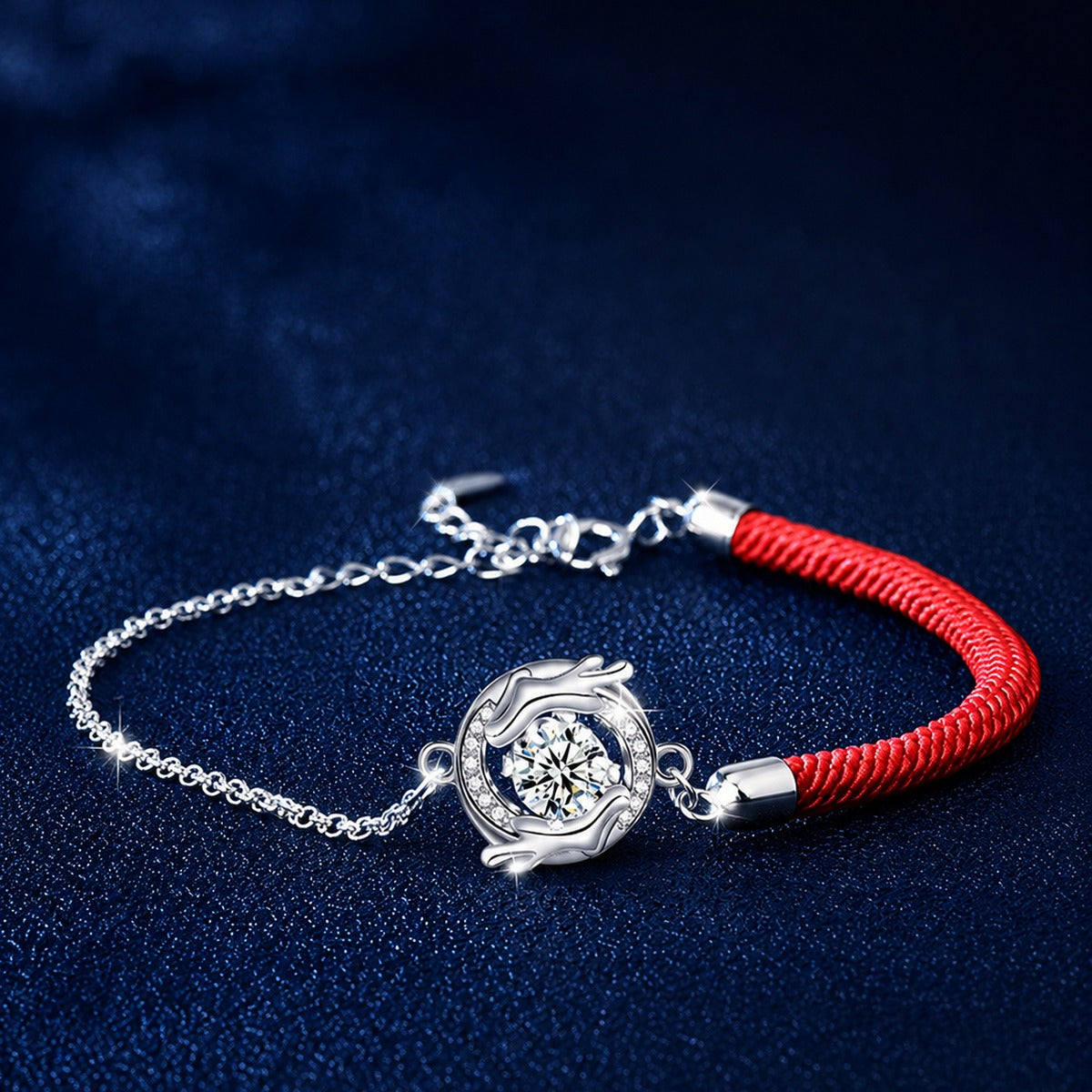 Dragon Round Moissanite Cord Bracelet with CZ in White Gold-Plated S925 sterling silver styled product scene showing stone sparkle and chain detail