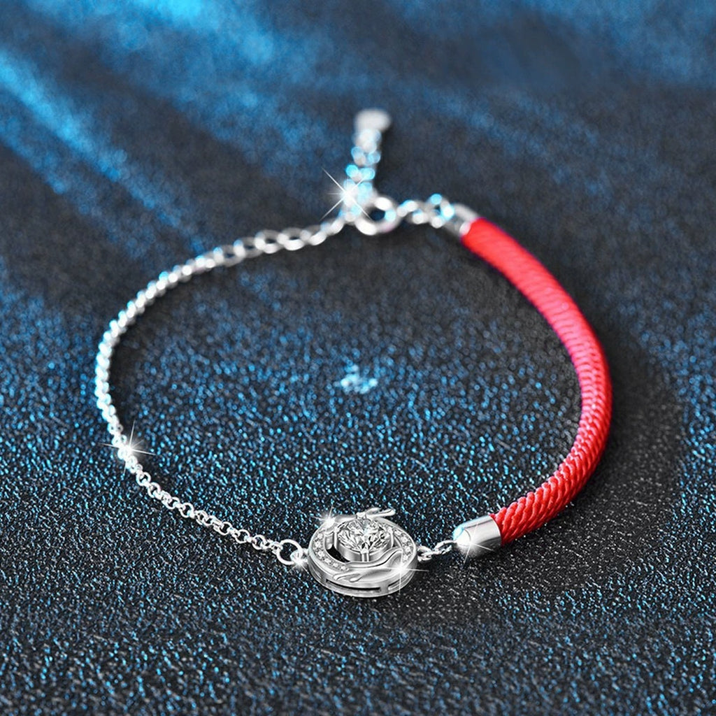Dragon Round Moissanite Cord Bracelet with CZ in White Gold-Plated S925 sterling silver close-up bracelet detail view showing clasp and motif