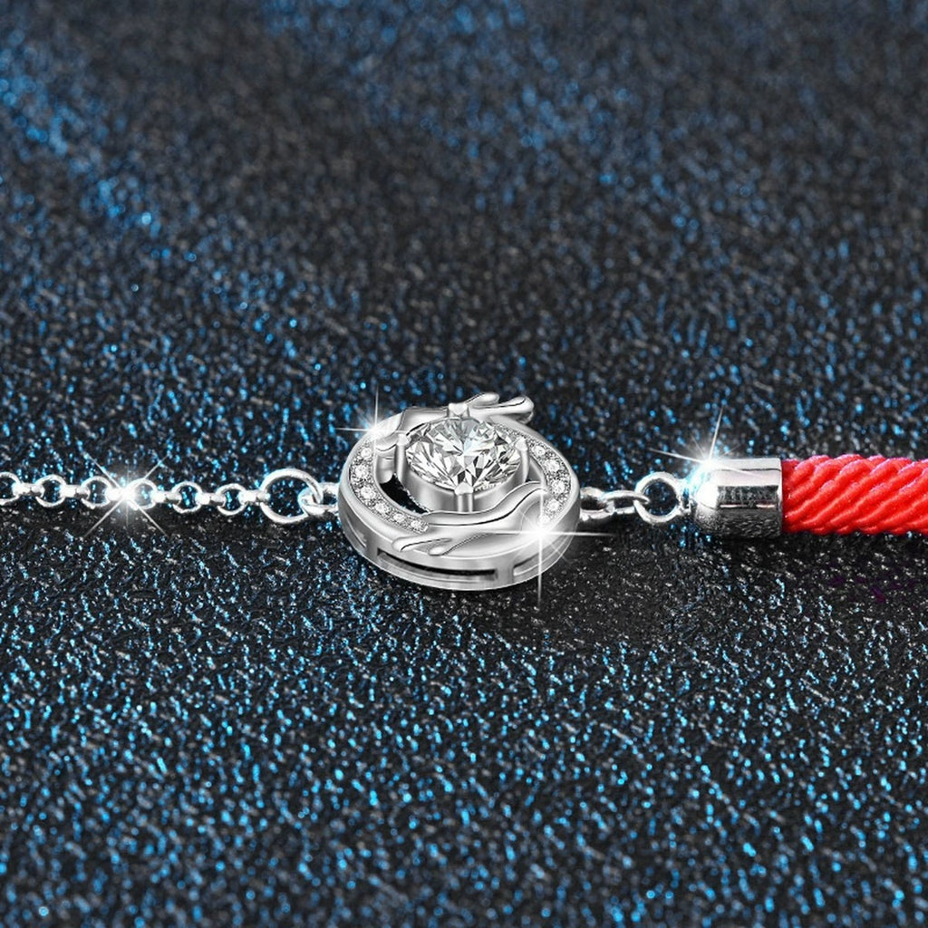 Dragon Round Moissanite Cord Bracelet with CZ in White Gold-Plated S925 sterling silver angled product display showing bracelet silhouette