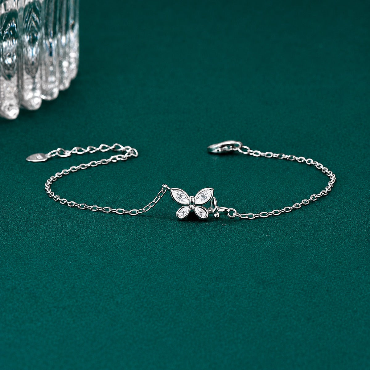 Butterfly Mixed-Cut Moissanite Charm Bracelet in Gold-Plated S925 sterling silver close-up bracelet detail view showing clasp and motif