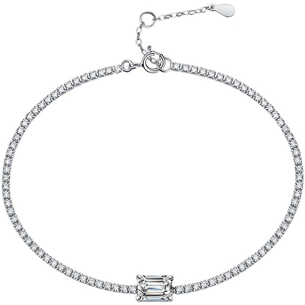 Emerald-Cut Moissanite Tennis Bracelet with CZ in White Gold-Plated S925 sterling silver white background product photo showing bracelet shape and moissanite setting