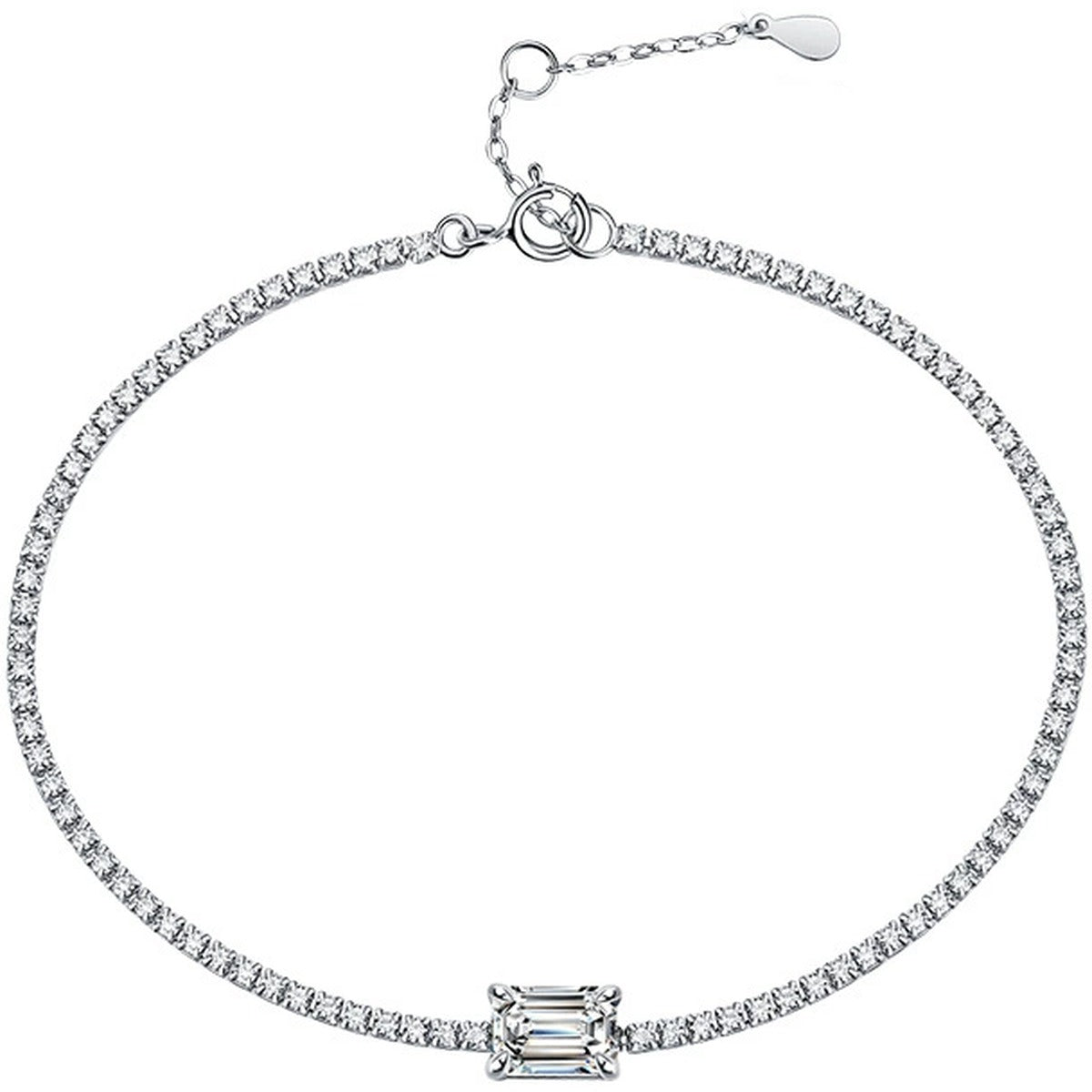 Emerald-Cut Moissanite Tennis Bracelet with CZ in White Gold-Plated S925 sterling silver white background product photo showing bracelet shape and moissanite setting