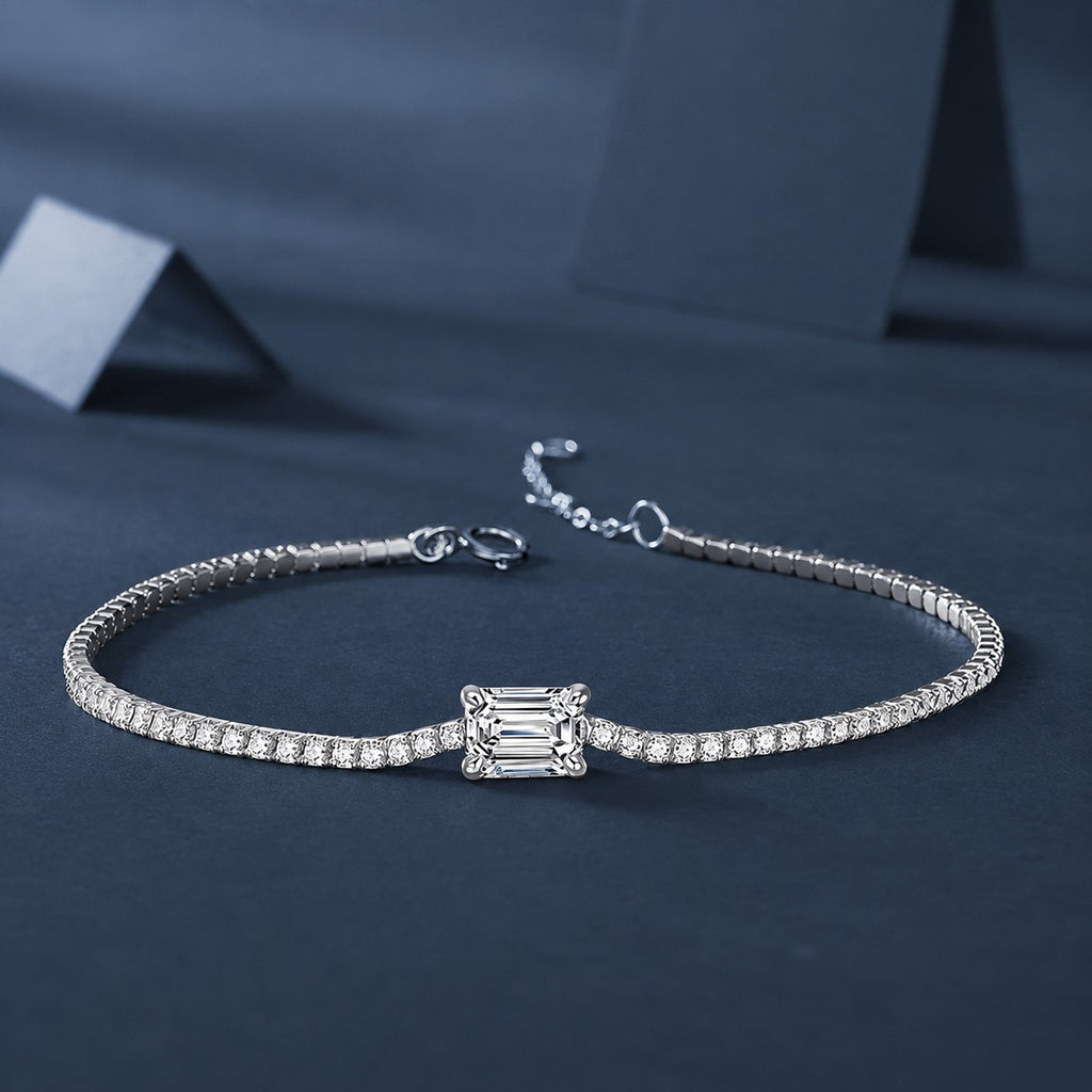 Emerald-Cut Moissanite Tennis Bracelet with CZ in White Gold-Plated S925 sterling silver styled product scene showing stone sparkle and chain detail