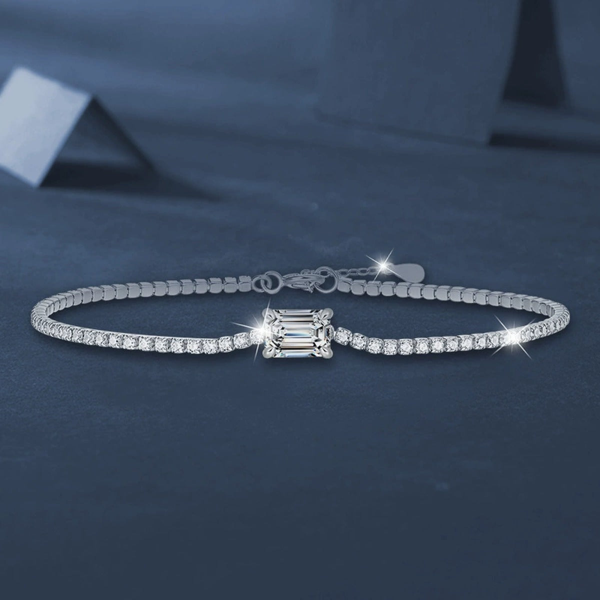 Emerald-Cut Moissanite Tennis Bracelet with CZ in White Gold-Plated S925 sterling silver close-up bracelet detail view showing clasp and motif