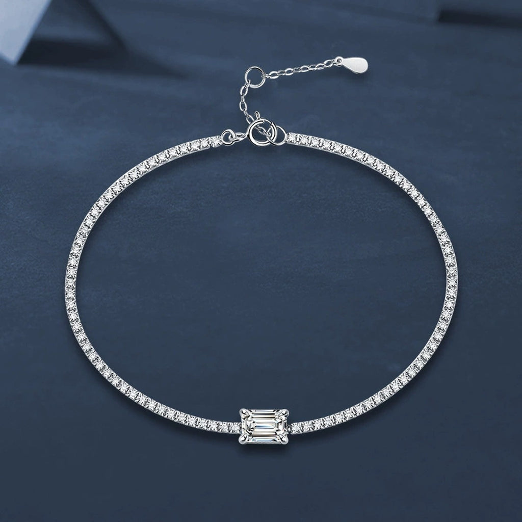 Emerald-Cut Moissanite Tennis Bracelet with CZ in White Gold-Plated S925 sterling silver angled product display showing bracelet silhouette