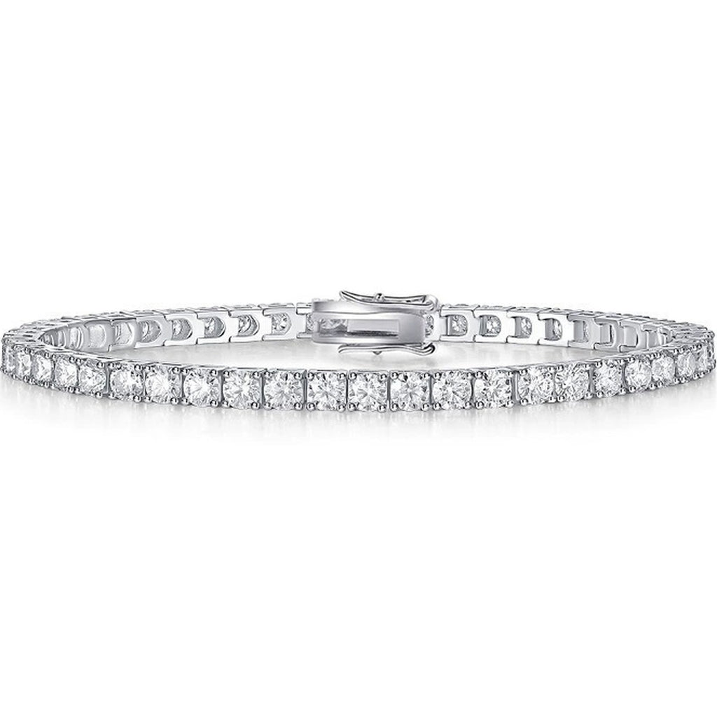 Round Moissanite Tennis Bracelet in White Gold-Plated S925 sterling silver white background product photo showing bracelet shape and moissanite setting