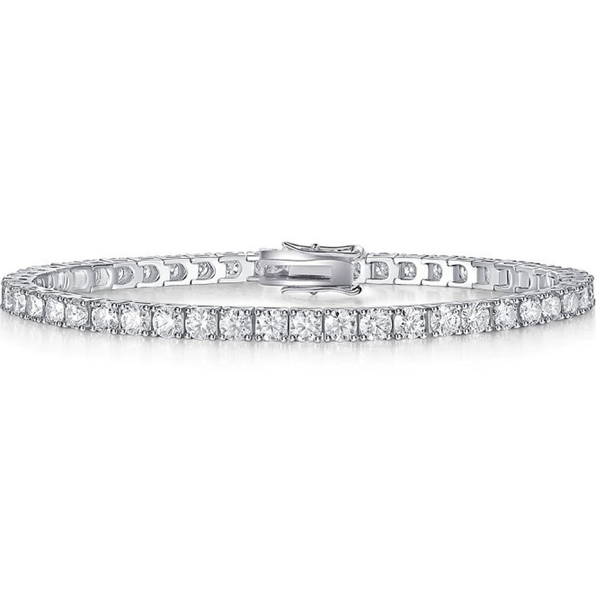 Round Moissanite Tennis Bracelet in White Gold-Plated S925 sterling silver white background product photo showing bracelet shape and moissanite setting