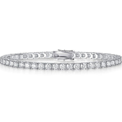 Round Moissanite Tennis Bracelet in White Gold-Plated S925 sterling silver white background product photo showing bracelet shape and moissanite setting