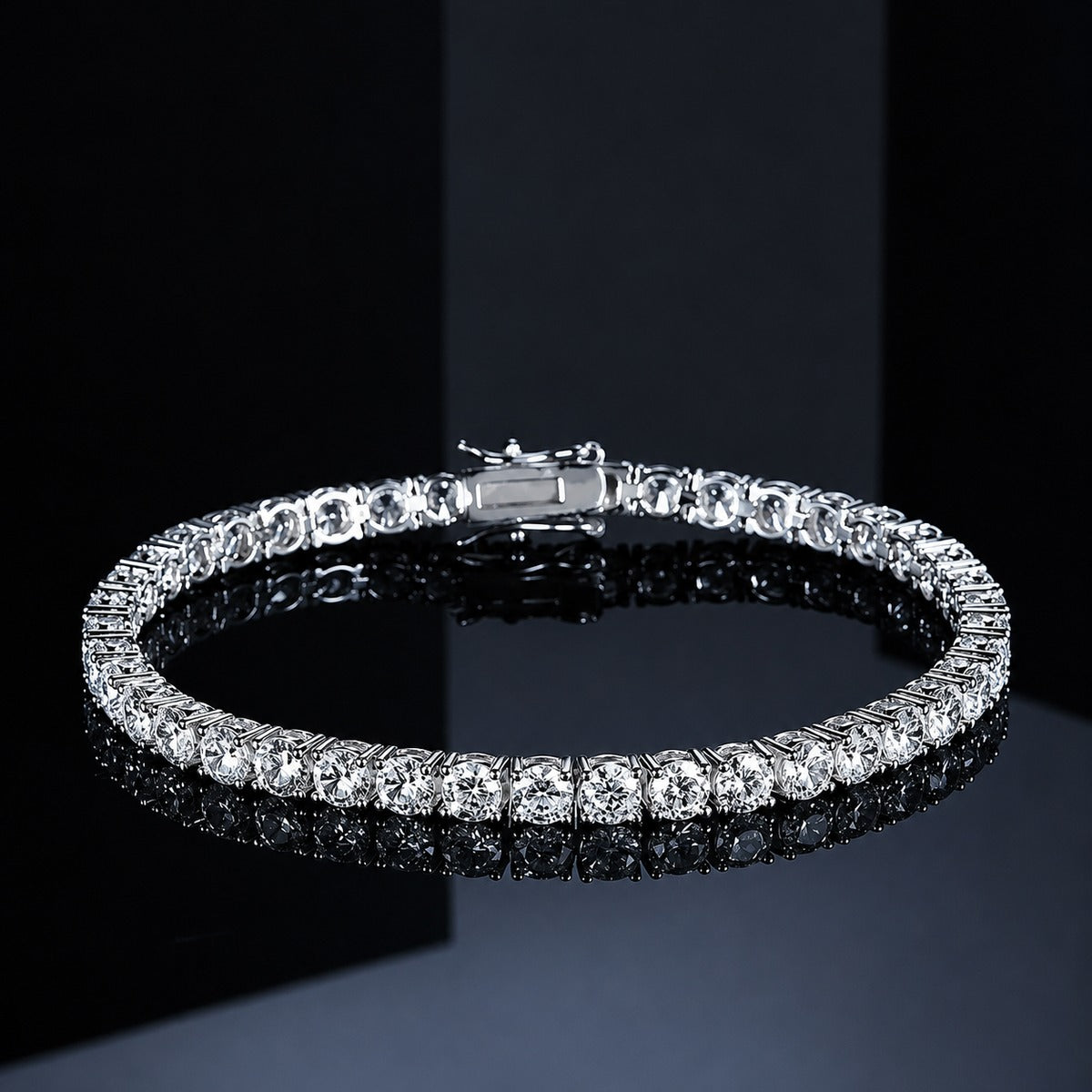 Round Moissanite Tennis Bracelet in White Gold-Plated S925 sterling silver styled product scene showing stone sparkle and chain detail