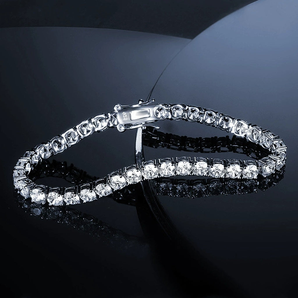 Round Moissanite Tennis Bracelet in White Gold-Plated S925 sterling silver angled product display showing bracelet silhouette