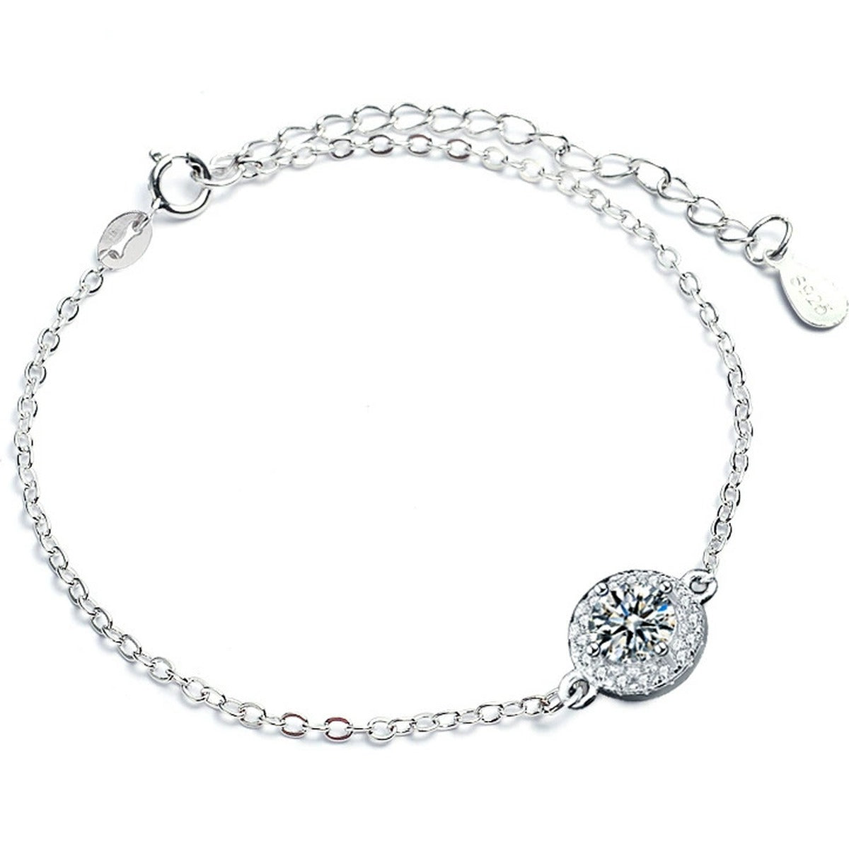 Round Halo Moissanite Adjustable Bracelet in White Gold-Plated S925 Sterling Silver on a white background showing the complete bracelet silhouette, center motif, and setting