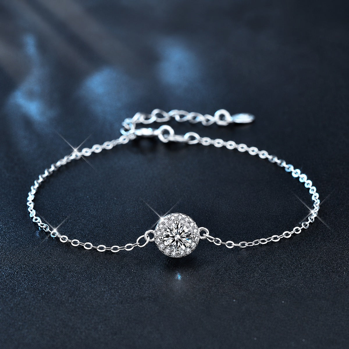 Round Halo Moissanite Adjustable Bracelet in White Gold-Plated S925 Sterling Silver product detail view showing the moissanite setting, chain, and polished finish