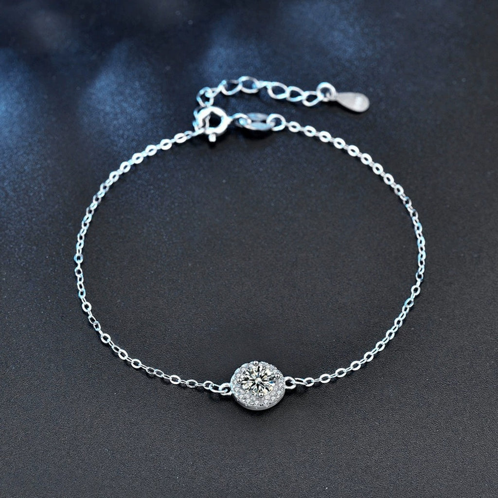 Round Halo Moissanite Adjustable Bracelet in White Gold-Plated S925 Sterling Silver product detail view showing the moissanite setting, chain, and polished finish