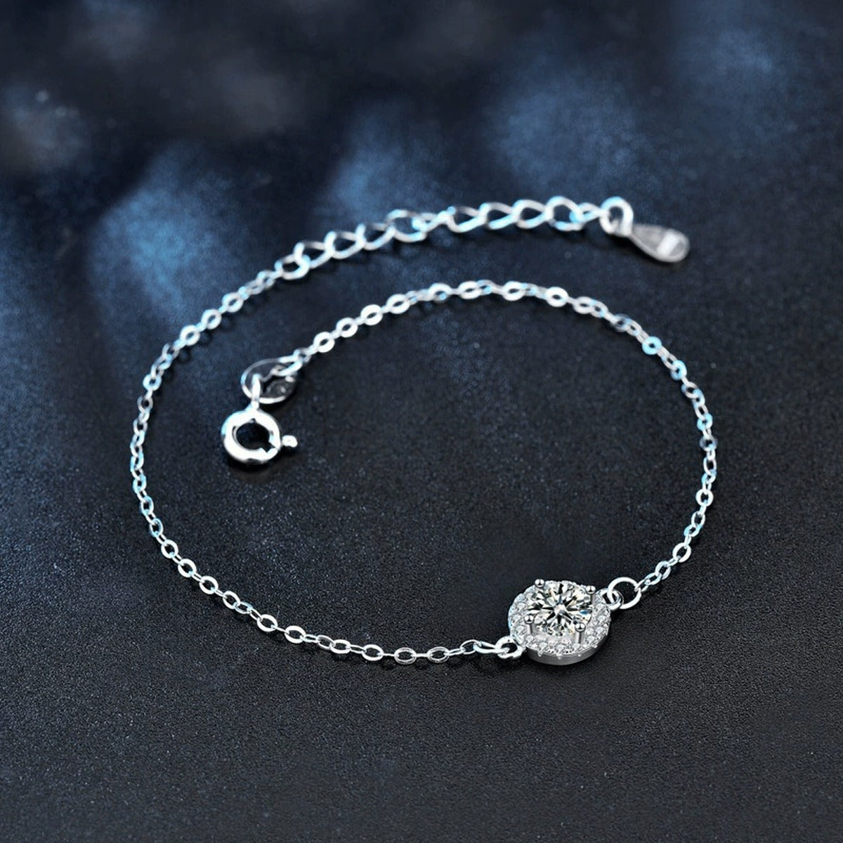 Round Halo Moissanite Adjustable Bracelet in White Gold-Plated S925 Sterling Silver product detail view showing the moissanite setting, chain, and polished finish