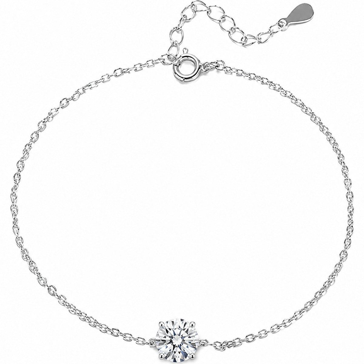 Four or Six-Prong Round Moissanite Solitaire Adjustable Bracelet in White Gold-Plated S925 Sterling Silver on a white background showing the complete bracelet silhouette, center motif, and setting