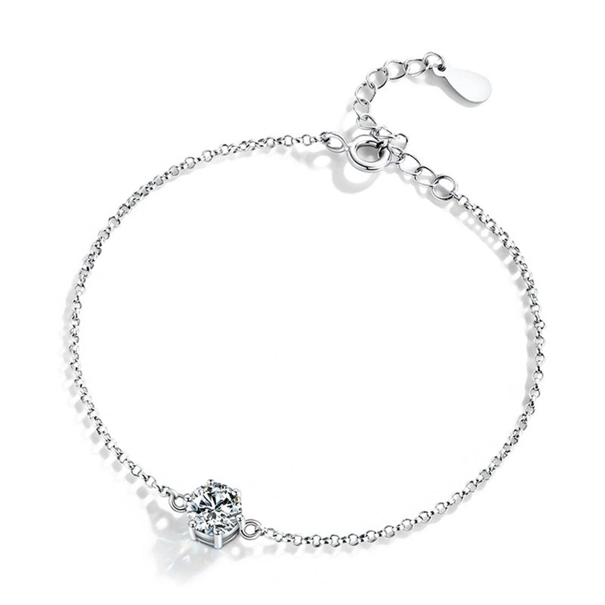 Four or Six-Prong Round Moissanite Solitaire Adjustable Bracelet in White Gold-Plated S925 Sterling Silver product detail view showing the moissanite setting, chain, and polished finish