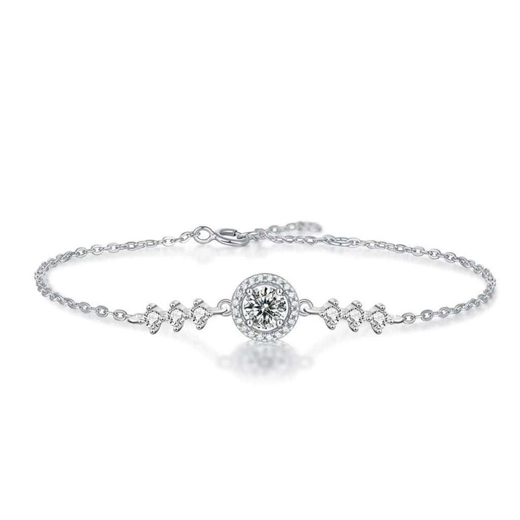 Round Halo Moissanite Adjustable Bracelet in Gold-Plated S925 Sterling Silver product detail view showing the moissanite setting, chain, and polished finish