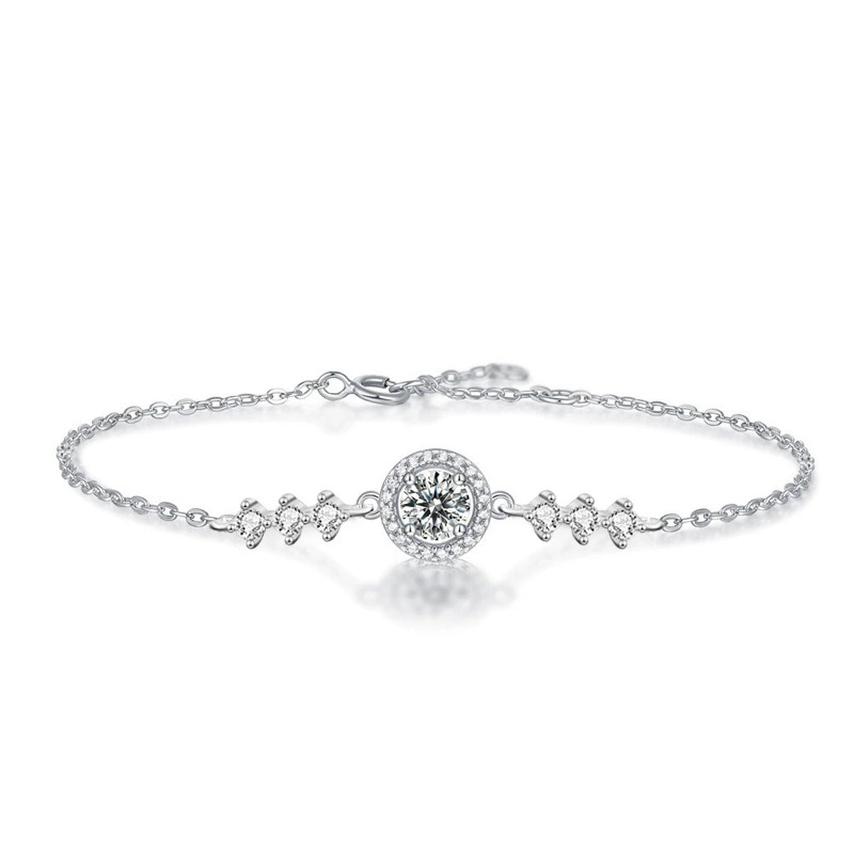Round Halo Moissanite Adjustable Bracelet in Gold-Plated S925 Sterling Silver product detail view showing the moissanite setting, chain, and polished finish