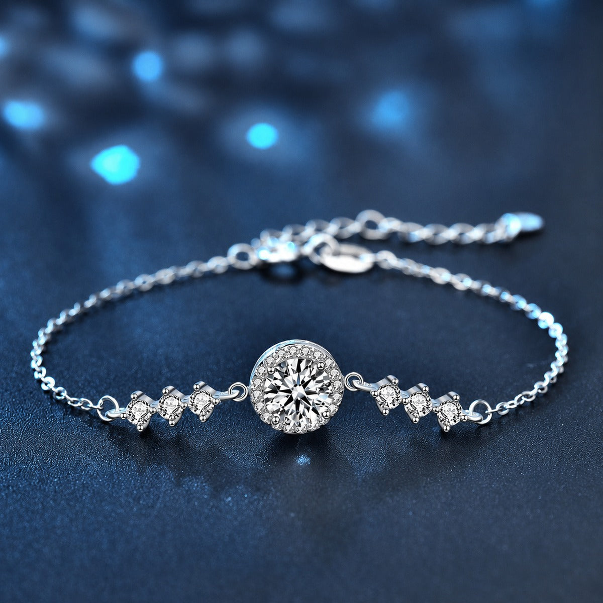 Round Halo Moissanite Adjustable Bracelet in Gold-Plated S925 Sterling Silver product detail view showing the moissanite setting, chain, and polished finish
