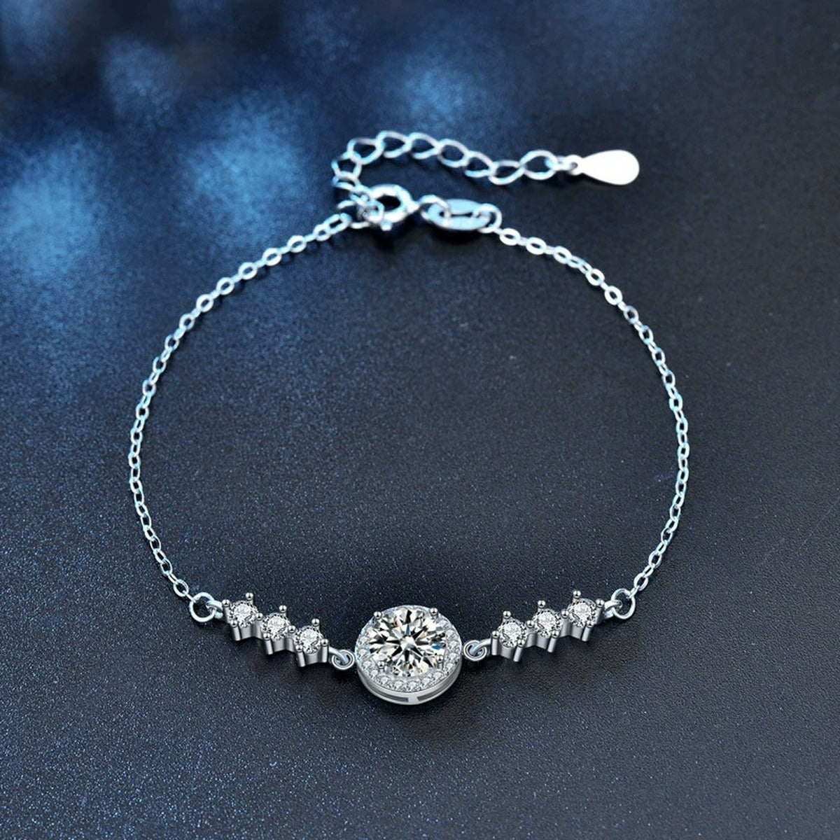 Round Halo Moissanite Adjustable Bracelet in Gold-Plated S925 Sterling Silver product detail view showing the moissanite setting, chain, and polished finish