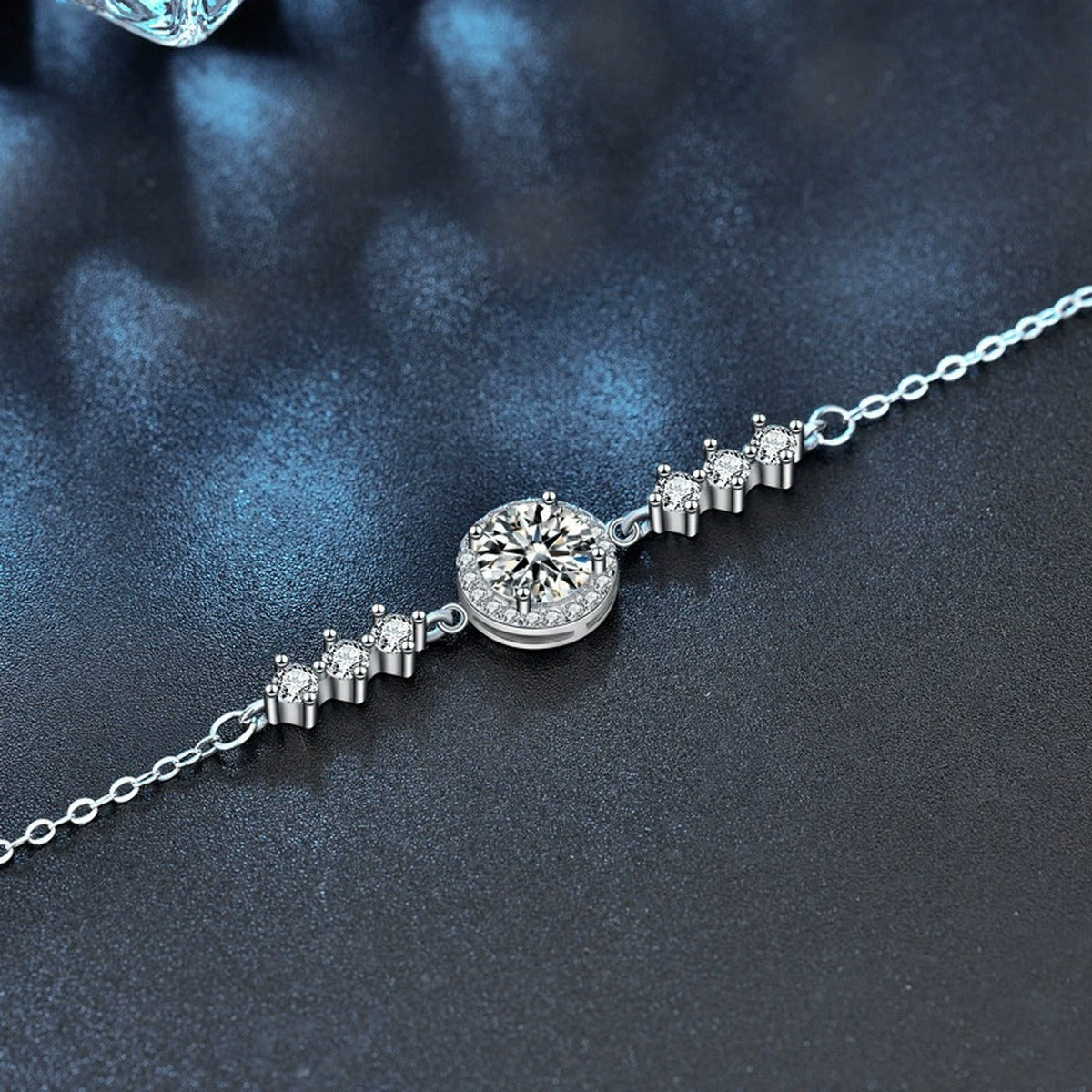 Round Halo Moissanite Adjustable Bracelet in Gold-Plated S925 Sterling Silver product detail view showing the moissanite setting, chain, and polished finish