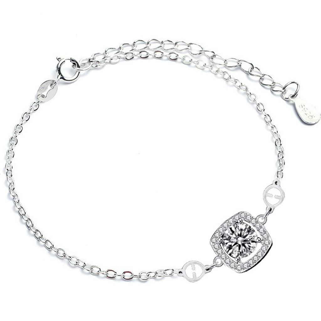 Sugar Cube Round Moissanite Adjustable Bracelet with CZ in White Gold-Plated S925 Sterling Silver on a white background showing the complete bracelet silhouette, center motif, and setting