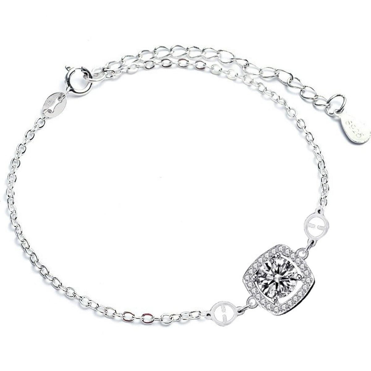 Sugar Cube Round Moissanite Adjustable Bracelet with CZ in White Gold-Plated S925 Sterling Silver on a white background showing the complete bracelet silhouette, center motif, and setting