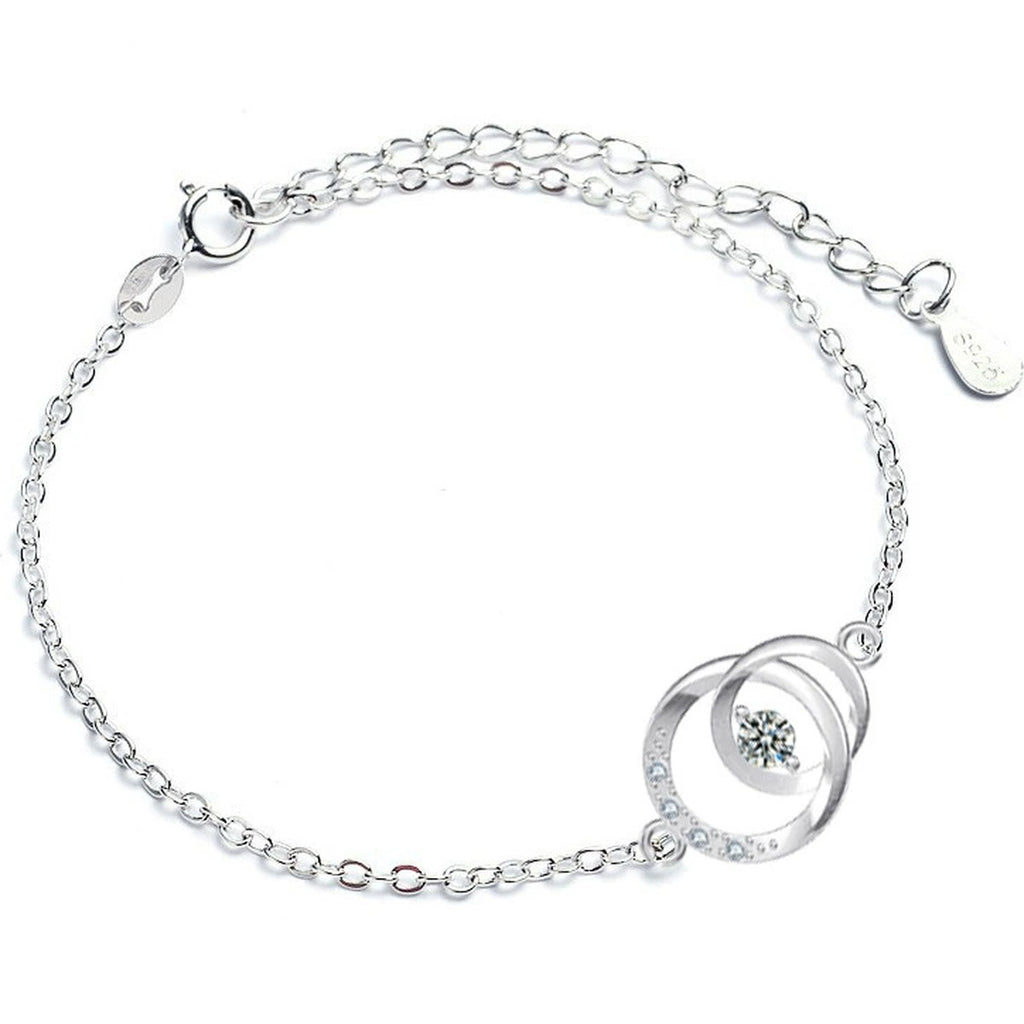 Interlocking Circle Round Moissanite Adjustable Bracelet with CZ in White Gold-Plated S925 Sterling Silver on a white background showing the complete bracelet silhouette, center motif, and setting