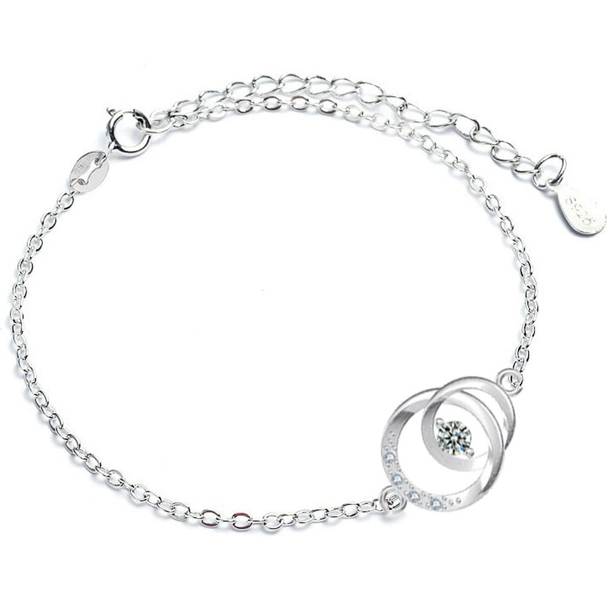 Interlocking Circle Round Moissanite Adjustable Bracelet with CZ in White Gold-Plated S925 Sterling Silver on a white background showing the complete bracelet silhouette, center motif, and setting