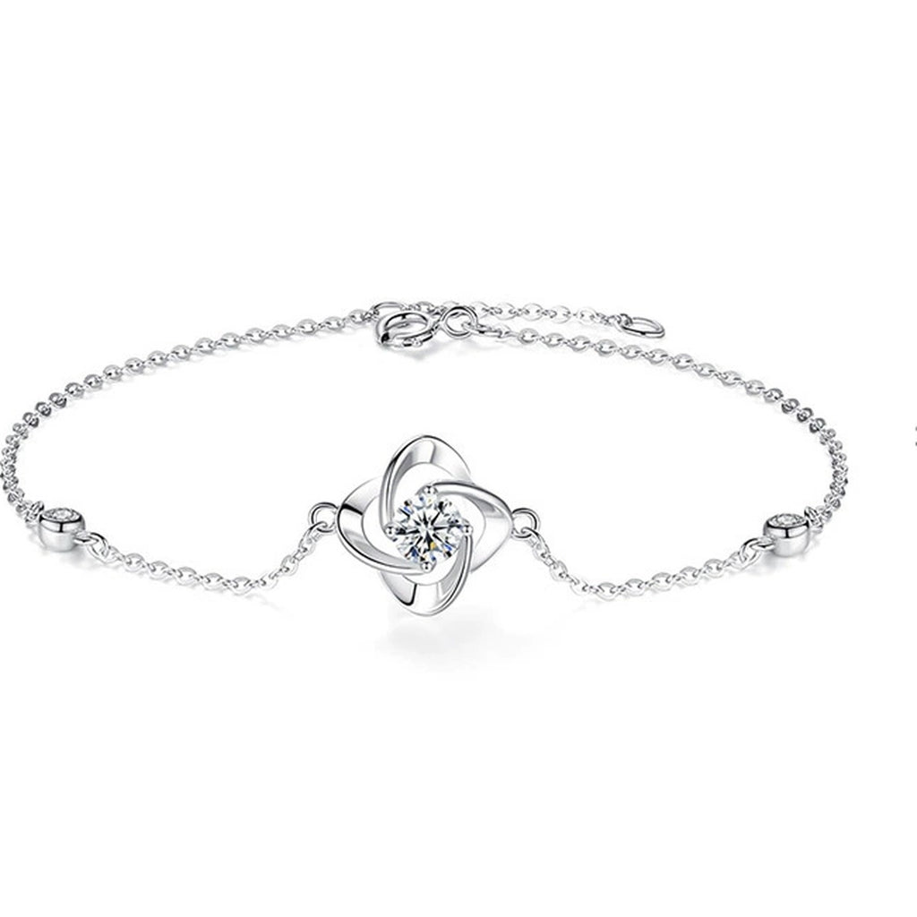 Four-Leaf Clover Round Moissanite Adjustable Bracelet with CZ in White Gold-Plated S925 Sterling Silver on a white background showing the complete bracelet silhouette, center motif, and setting