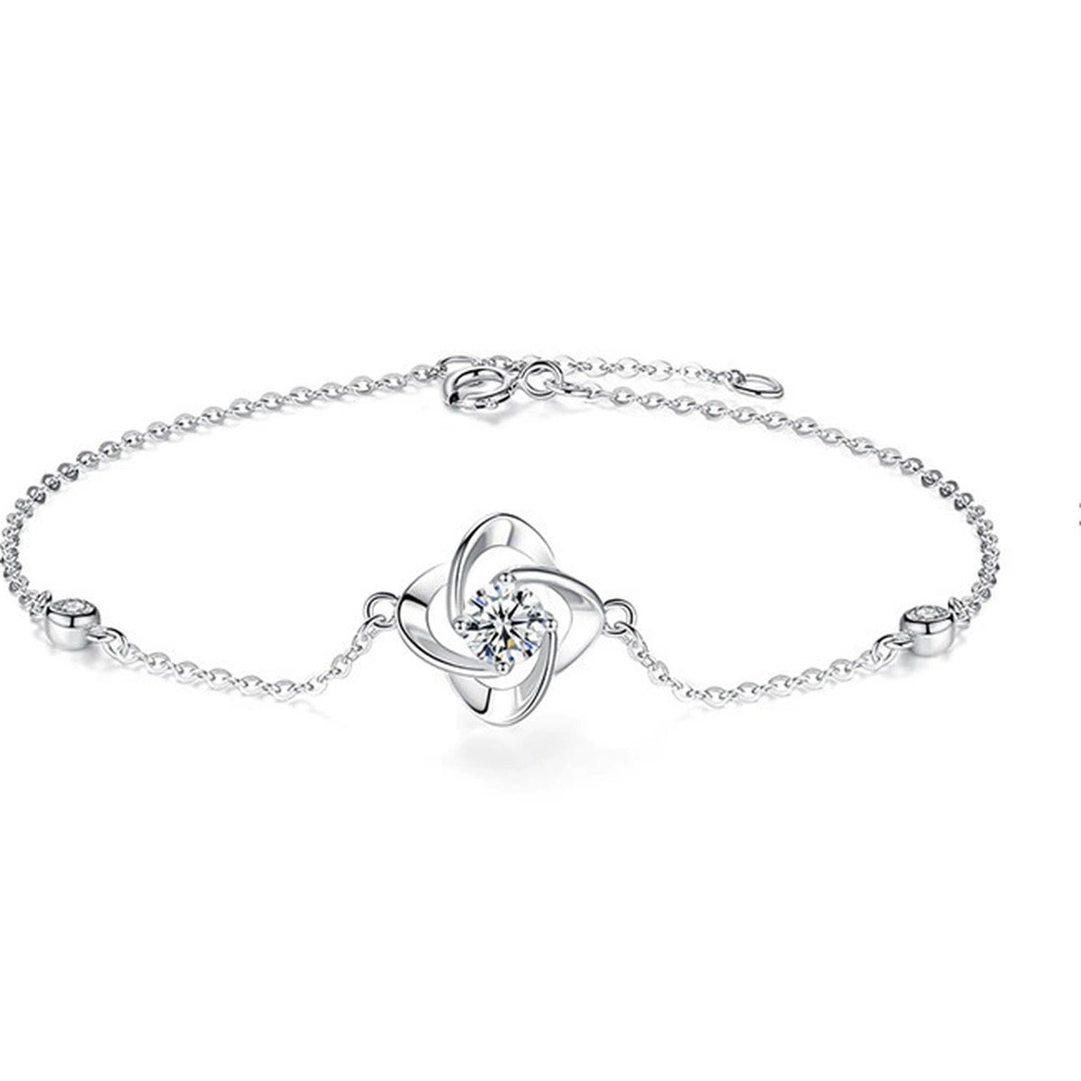 Four-Leaf Clover Round Moissanite Adjustable Bracelet with CZ in White Gold-Plated S925 Sterling Silver on a white background showing the complete bracelet silhouette, center motif, and setting
