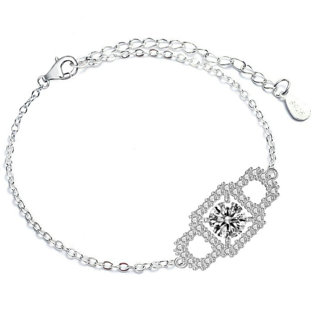 Rectangle Halo Round Moissanite Bracelet with CZ in White Gold-Plated S925 sterling silver white background product photo showing bracelet shape and moissanite setting