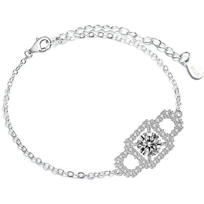 Rectangle Halo Round Moissanite Bracelet with CZ in White Gold-Plated S925 sterling silver white background product photo showing bracelet shape and moissanite setting