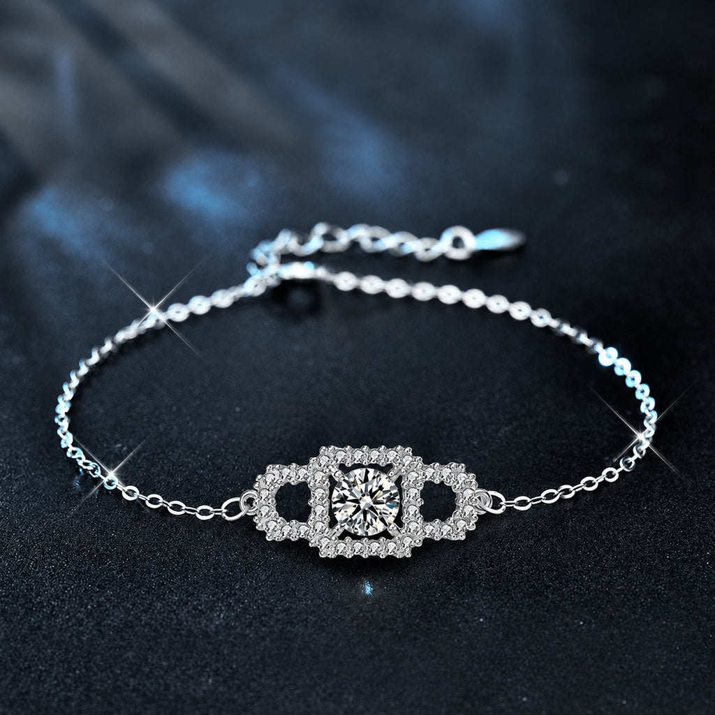 Rectangle Halo Round Moissanite Bracelet with CZ in White Gold-Plated S925 sterling silver styled product scene showing stone sparkle and chain detail