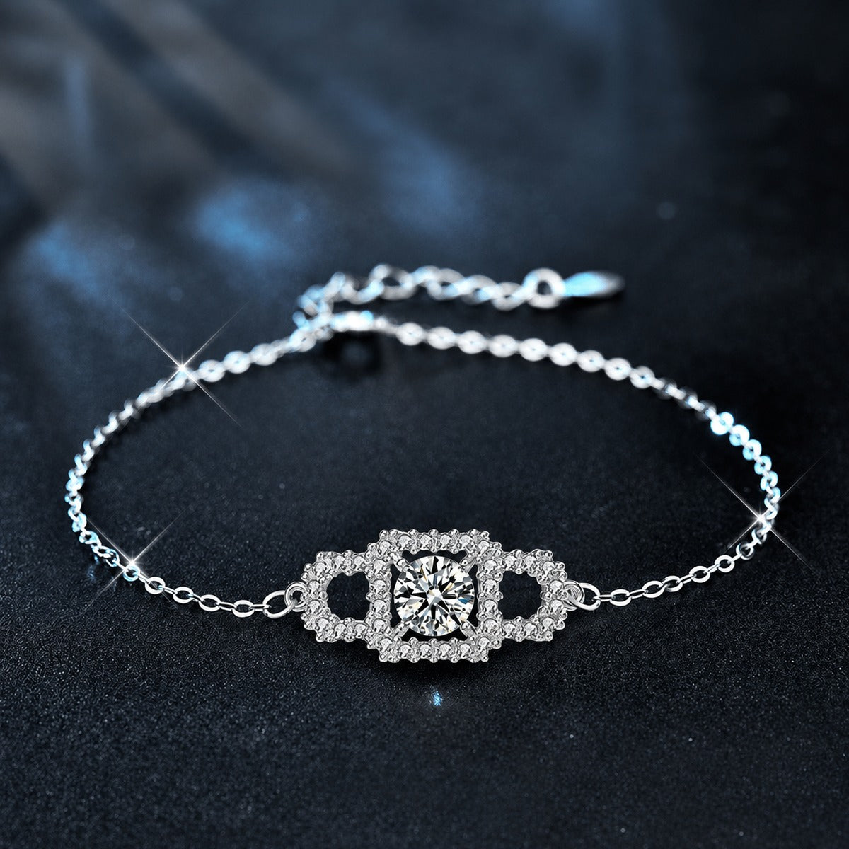 Rectangle Halo Round Moissanite Bracelet with CZ in White Gold-Plated S925 sterling silver styled product scene showing stone sparkle and chain detail