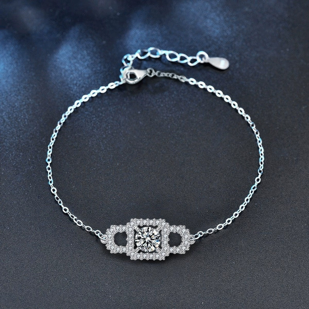 Rectangle Halo Round Moissanite Bracelet with CZ in White Gold-Plated S925 sterling silver close-up bracelet detail view showing clasp and motif