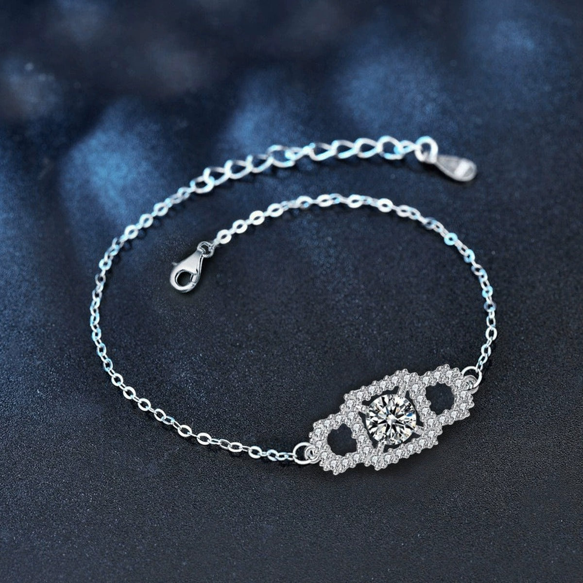 Rectangle Halo Round Moissanite Bracelet with CZ in White Gold-Plated S925 sterling silver angled product display showing bracelet silhouette