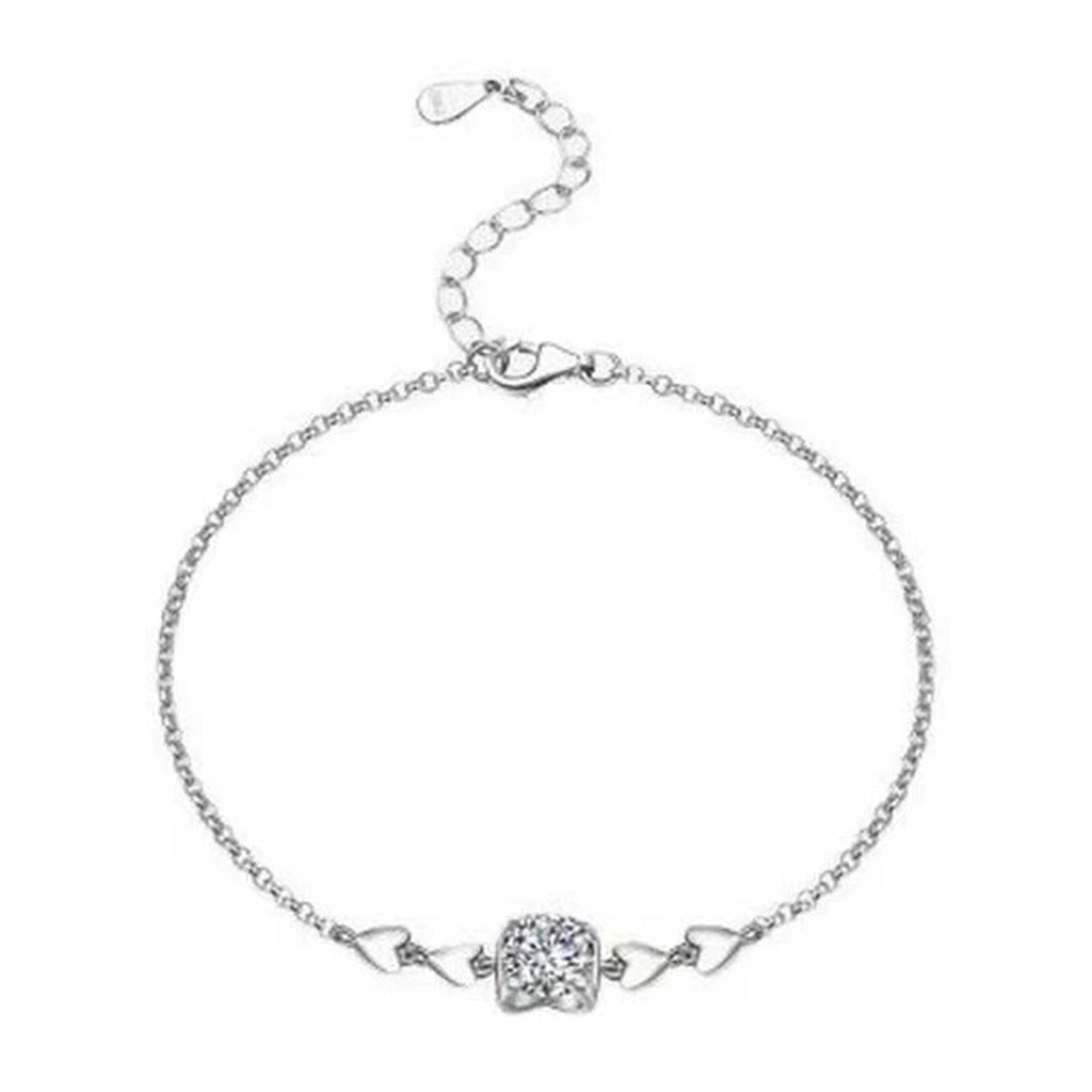 Round Moissanite Solitaire Adjustable Bracelet in White Gold-Plated S925 Sterling Silver on a white background showing the complete bracelet silhouette, center motif, and setting