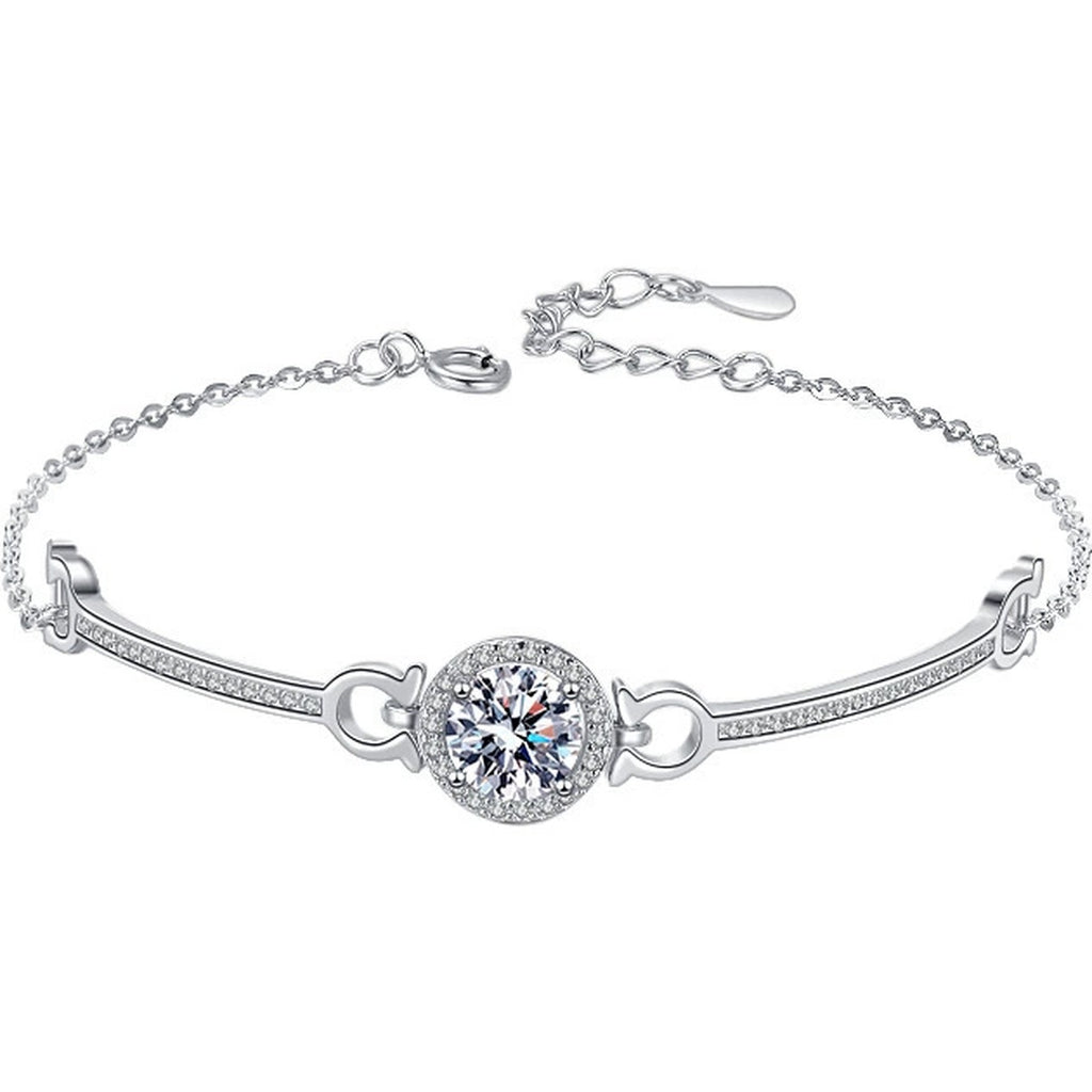 Round Halo Moissanite Bracelet with CZ in White Gold-Plated S925 sterling silver white background product photo showing bracelet shape and moissanite setting