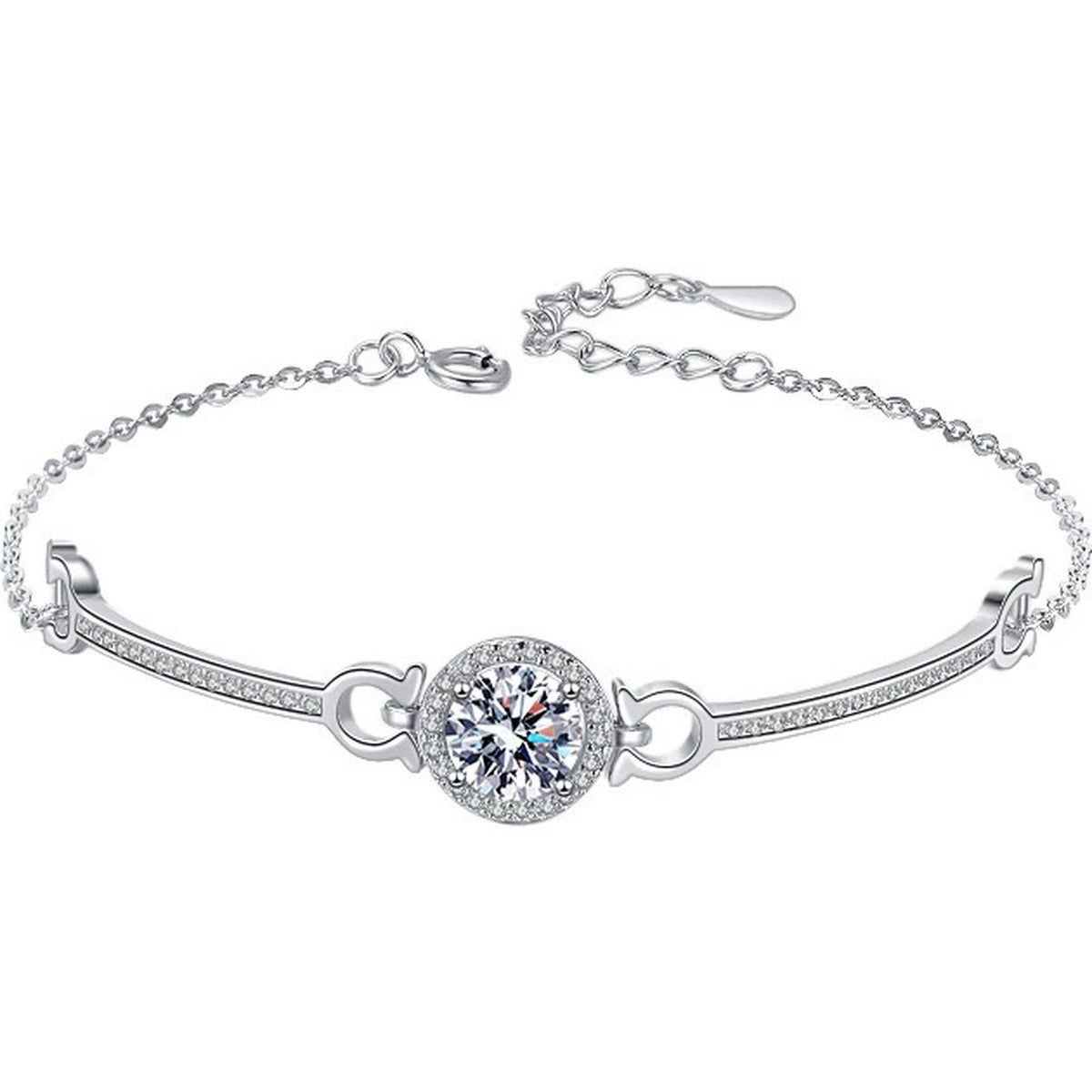 Round Halo Moissanite Bracelet with CZ in White Gold-Plated S925 sterling silver white background product photo showing bracelet shape and moissanite setting